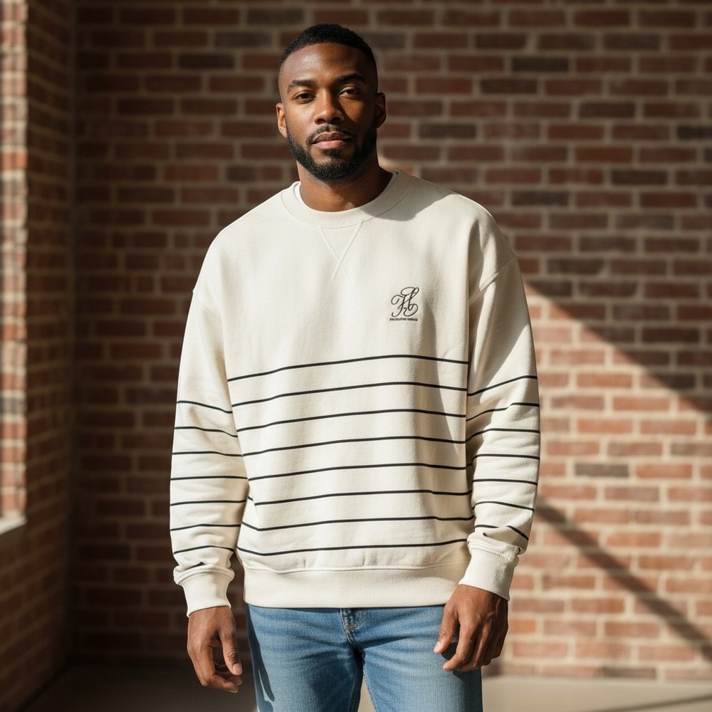 H&M Sweatshirt XL Cream Excellent Stockholm Atelier Striped Crew Neck Logo